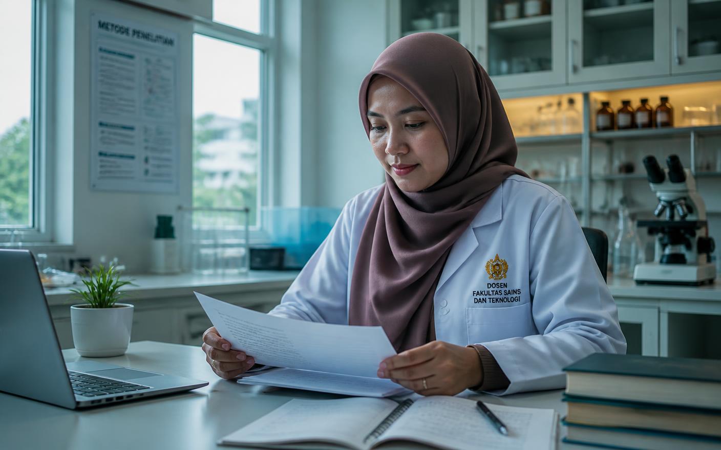Dosen membaca dokumen di ruang kerja